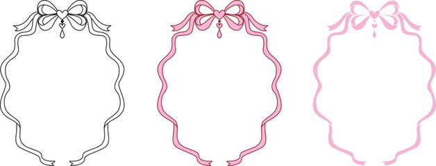 A monochrome outline of a decorative frame with wavy ribbon edges with editable stroke thickness for wedding, valentines card and so on. Vector illustration.