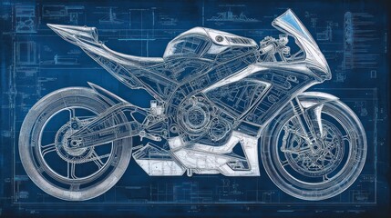 Technical illustration of a motorcycle showcasing its internal components and design.