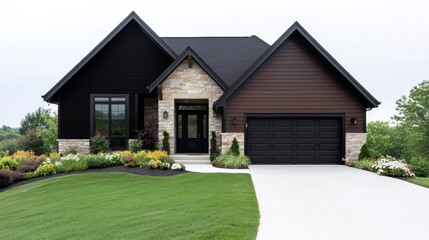 Obraz premium Modern home exterior with landscaping and driveway.