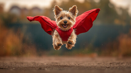 Adorable dog leaping in red cape with dynamic pose and soft studio lighting.