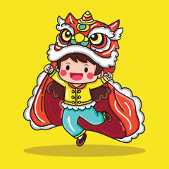 Cute and happy Boy and Girl Jumping while wearing a Chinese Lion Dance Costume