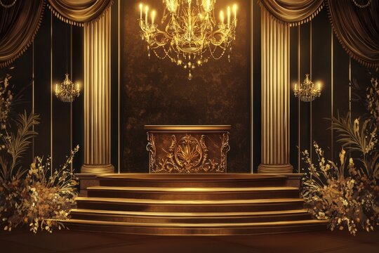 Golden Palace Stage With Ornate Decor And Chandeliers