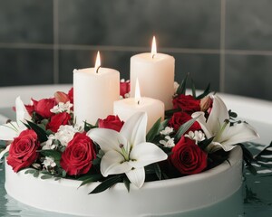 Obraz premium valentine theme concept. A floating floral centerpiece featuring candles surrounded by lilies and roses, perfect for a Valentine s evening by the pool or bath, Valentine theme, intimate floral romance
