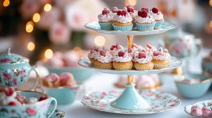 Elegant tiered stand with pink cupcakes adorned with raspberries, soft ambient background lights.