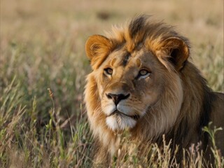 Fototapeta premium A powerful African lion in the tall grass of the savannah, close-up