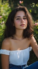 Naklejka premium Young woman with long dark hair sitting in a field of flowers