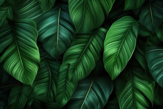Close-Up View of Lush Tropical Green Leaves with Diverse Textures and Shades of Green for Natural and Botanical Backgrounds