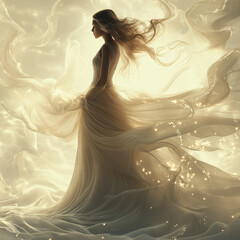  Elegant woman in flowing dress with glowing ethereal light