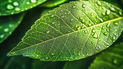 Close-up of a vibrant green leaf texture, highlighting intricate veins and water droplets, symbolizing nature's lushness and sustainability.