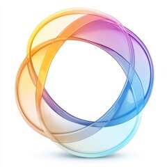 Abstract design featuring colorful transparent shapes intertwining in circular motion with soft gradient hues and light reflections