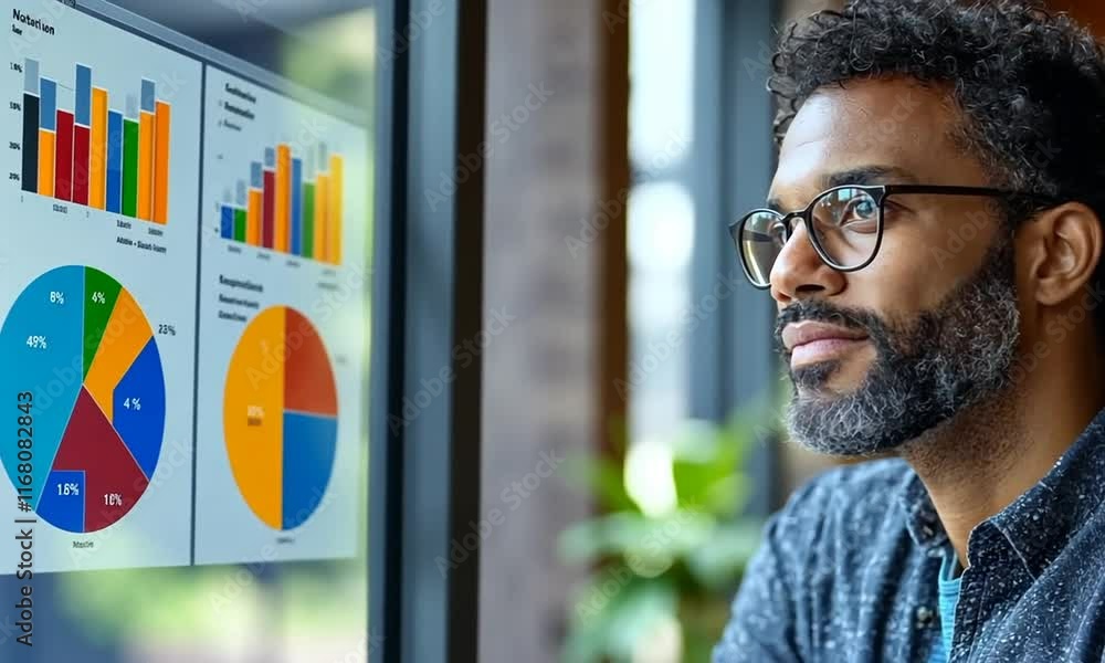 Poster businessman analyzing data charts and graphs on a screen
