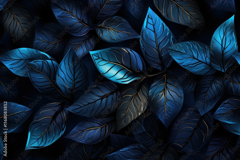 Poster blue neon leaves over black background with rectangular composition highlighting intricate leaf patt
