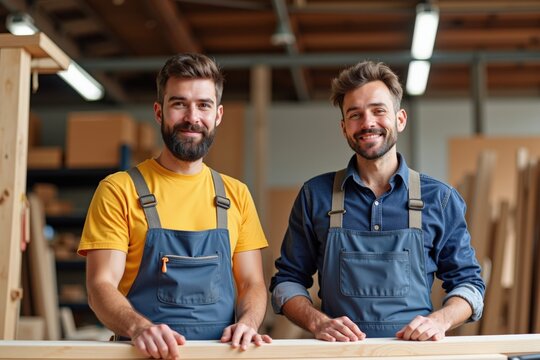 Two Handsome Carpenters in Workshop: Expertise, Craftsmanship, and Teamwork