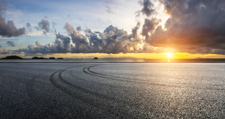 Asphalt road square and beautiful coastline with sky clouds nature landscape at sunset in Zhuhai,...