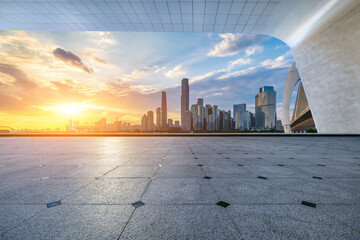 City square floor with modern buildings scenery at sunset in Guangzhou, China. Outdoor city background.