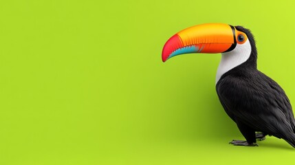 Fototapeta premium A colorful toucan stands against a vibrant green background.