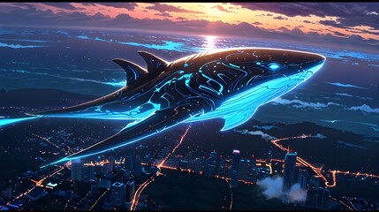 Futuristic Cyberpunk Whale Gliding Over a Sunset Cityscape