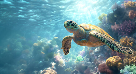 Fototapeta premium vibrant sea turtle glides gracefully through colorful coral reef, surrounded by shimmering water and diverse marine life, creating serene underwater scene