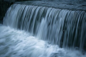 Closeup view of a small waterfall flowing over a dam. Water smoothly cascades down, creating a tranquil and peaceful scene. The water is predominantly light bluegrey.