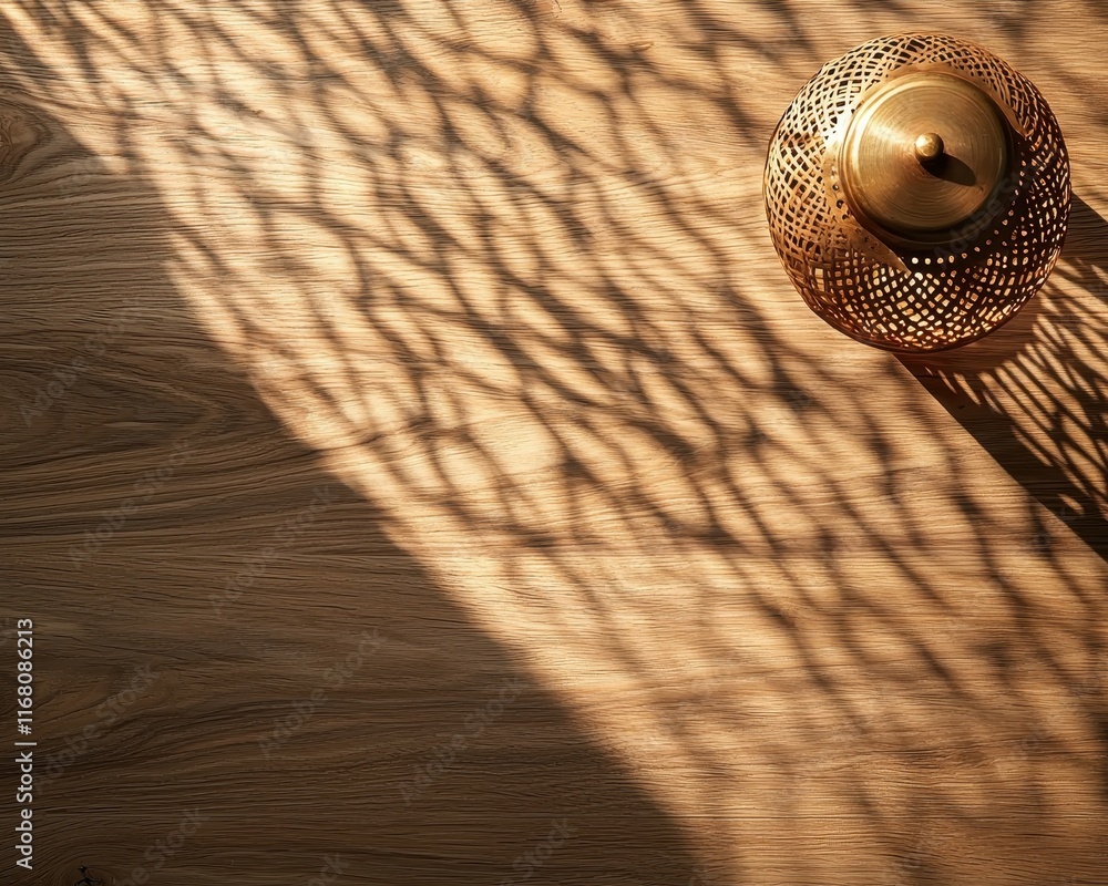 Aufkleber a decorative object casts intricate shadows on a wooden surface, highlighting textures and patterns 