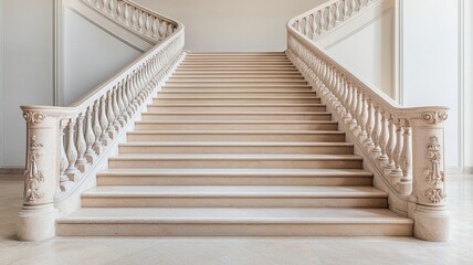 A grand staircase featuring elegant railings, leading upward in a bright, minimalist space.