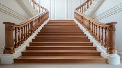 Elegant wooden staircase with intricate railings, showcasing a blend of classic design and modern aesthetics in a well-lit interior space.