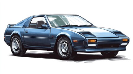 An old Japanese sports automobile from the 1980s is shown in front against a white backdrop. A vintage car artwork in vector format that may be used for stickers and t-shirts. 
