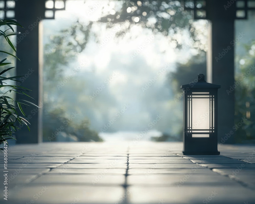 Aufkleber a serene lantern stands on a tiled path, surrounded by lush greenery, inviting tranquility and refle