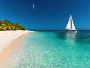 A tranquil beach scene featuring a sailboat on clear turquoise waters under a bright blue sky, with lush greenery along the shore.