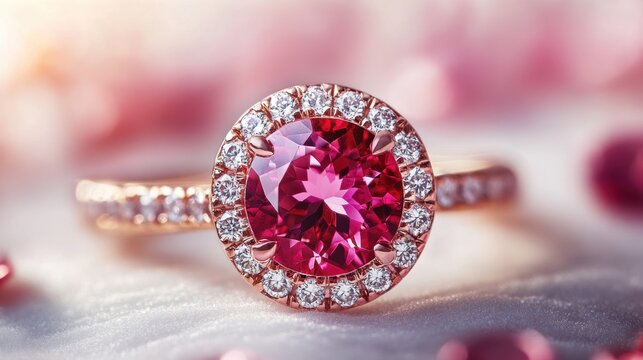 Elegant pink gemstone ring with diamond accents on a soft background. - Powered by Adobe