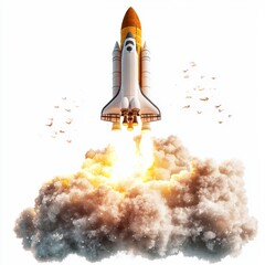 Fototapeta premium Colorful illustration of a rocket launch with vibrant flames and clouds depicting an ascent into space