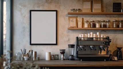 A cozy coffee shop interior with a blank black frame, a modern espresso machine on the counter, and simple wooden shelves holding decorative jars and cups.