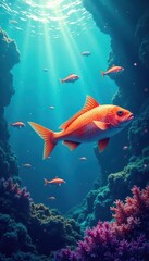 Fototapeta premium School of abstract fish swimming in wavy ocean waters, ocean, abstract ocean, ocean waves