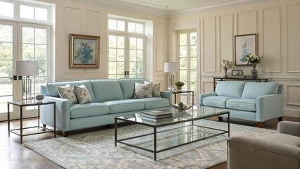 Large luxury modern bright interiors Living room mockup illustration 3D rendering image