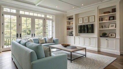 Fototapeta premium Large luxury modern bright interiors Living room mockup illustration 3D rendering image