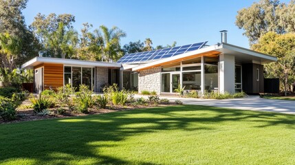 A minimalist home with solar panels and a heat pump unit, surrounded by a well-manicured lawn and eco-friendly landscaping