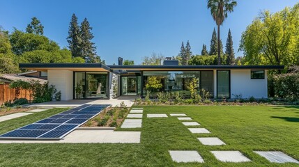 A minimalist home with solar panels and a heat pump unit, surrounded by a well-manicured lawn and eco-friendly landscaping