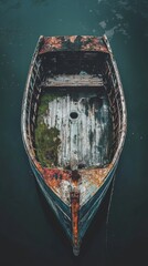 Aerial view of a small wooden boat in the water.
