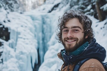 Smiling man with snow in his hair, standing near a frozen waterfall in winter.
