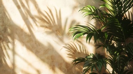 Minimal background featuring shadows of tropical leaves on a sunlit wall.