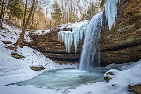 Frozen waterfall cascading over snow-covered rocks in a winter forest, creating icy formations.