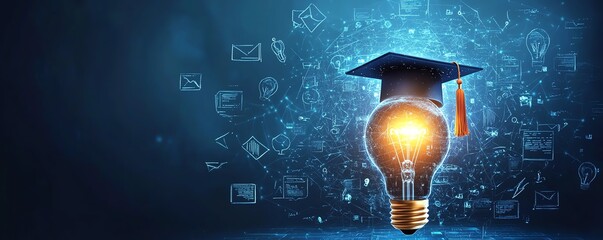 Elearning certificate program, lightbulb with graduation hat and education icons, internet courses and degrees, online class concept, webinar learning, modern educational design