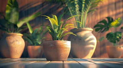 Minimalist elegance is enhanced by earthy pots, each adorned with tropical leaves for a hint of nature.