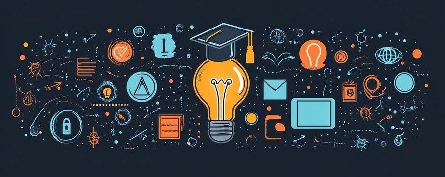 Elearning certificate program, lightbulb with graduation hat and education icons, internet courses and degrees, online class concept, webinar learning, modern educational design