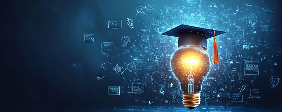 Elearning certificate program, lightbulb with graduation hat and education icons, internet courses and degrees, online class concept, webinar learning, modern educational design
