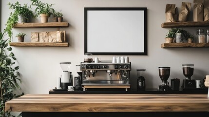 A modern cafe setup featuring a blank black frame, a shiny coffee machine on the counter, and wooden shelves with coffee accessories and plants.