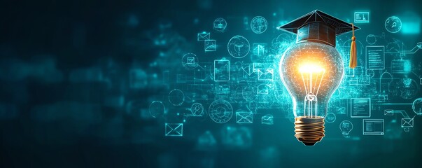 Elearning graduate program concept, lightbulb with graduation cap and education icons, online course degree, internet learning, webinar classes, vibrant and clean design