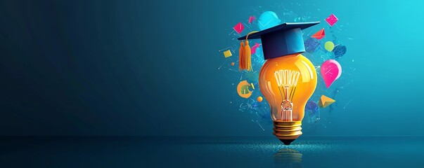 Elearning graduate program concept, lightbulb with graduation cap and education icons, online course degree, internet learning, webinar classes, vibrant and clean design
