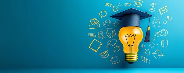 Elearning graduate program concept, lightbulb with graduation cap and education icons, online course degree, internet learning, webinar classes, vibrant and clean design