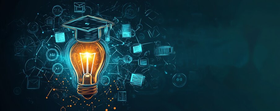Elearning graduate program concept, lightbulb with graduation cap and education icons, online course degree, internet learning, webinar classes, vibrant and clean design